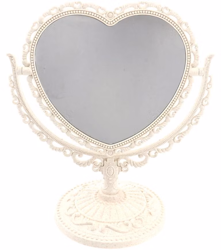 Omgoods - Specchio a doppio lato - Specchio per il trucco - Rotazione a 360 gradi - Beige - Specchio cosmetico - Perfetto per qualsiasi bagno - Design a forma di cuore