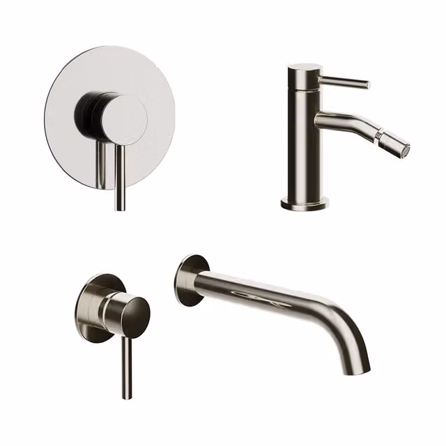 Set di miscelatori Bette in nickel spazzolato: lavabo ad incasso, bidet senza scarico e doccia monocomando