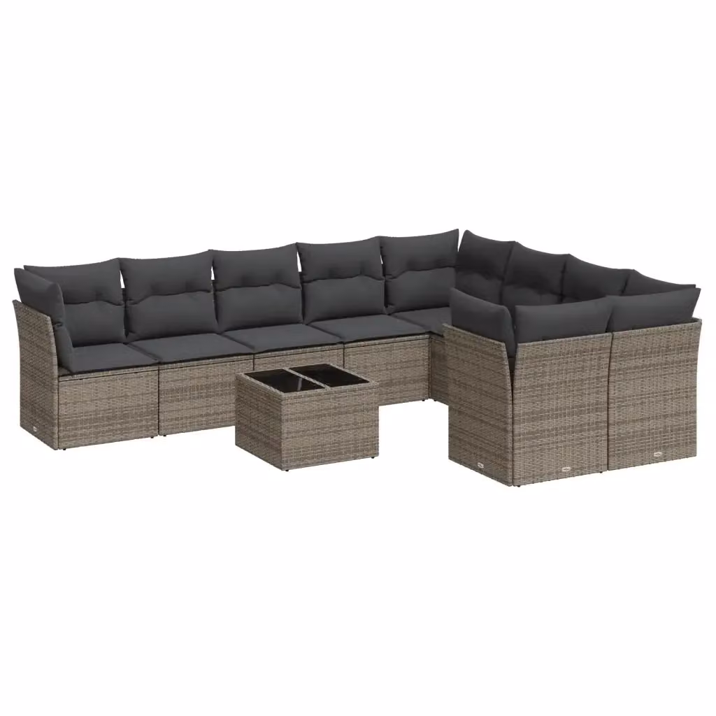 vidaXL Set Divano da Giardino 10 pz in Polyrattan Grigio con Cuscini e Tavolino da Caffè – 2