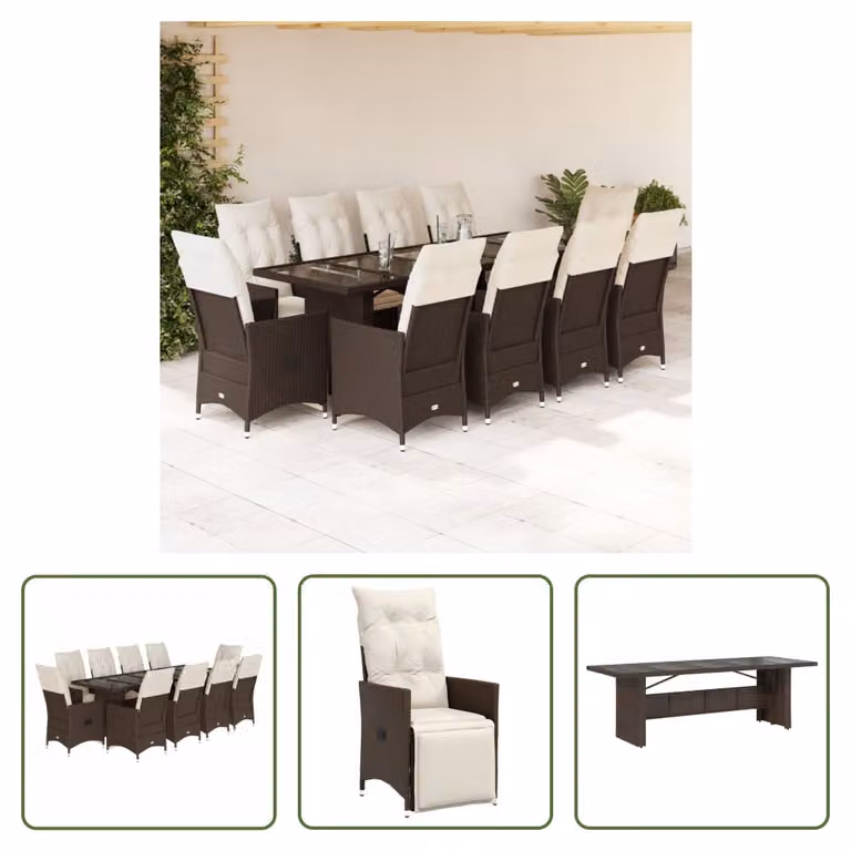 The Living Store Set bistrot da giardino 11 pezzi con cuscini in poly rattan marrone