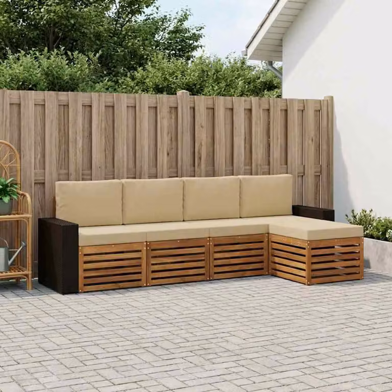 Set di divani da esterno vidaXL a forma di L composto da 5 pezzi in legno di acacia con cuscini beige e marrone