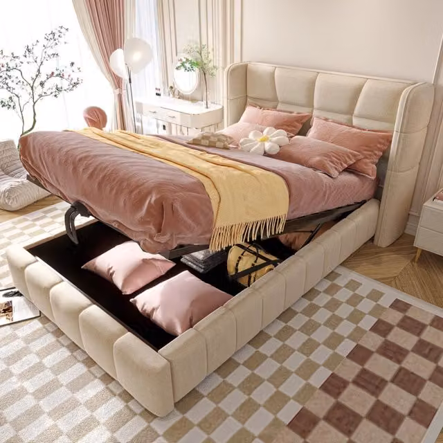 Letto imbottito per bambini 90x200 cm con rete a doghe, contenitore a sollevamento pneumatico e testiera in lino beige