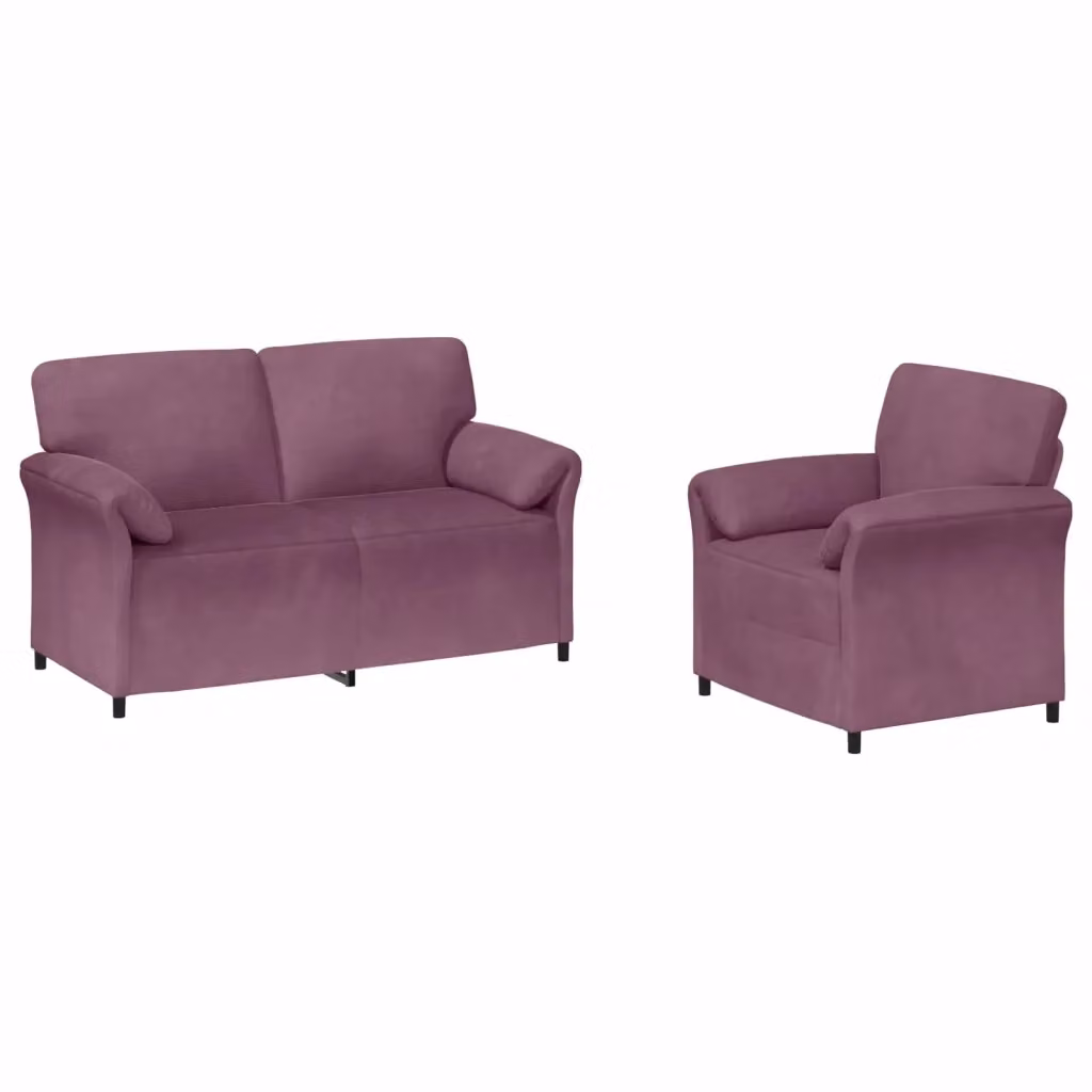 Set di 2 divani moderni vidaXL in velluto viola e nero con struttura in metallo e cuscini inclusi – 2