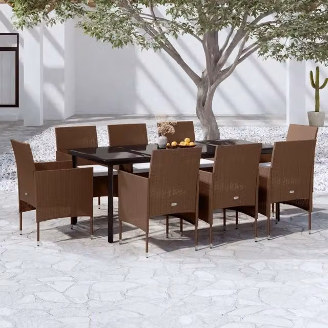 Set da pranzo da giardino vidaXL in polyrattan con tavolo in vetro e 9 pezzi marrone e nero – 1