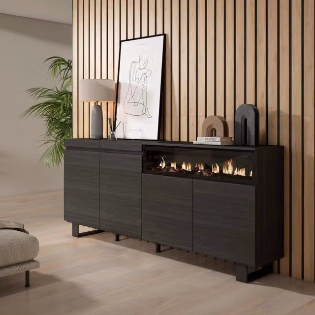 Credenza, Mobile, 200x35x87cm, 4 Porte, Camino elettrico, Design industriale, Nero RF2390
