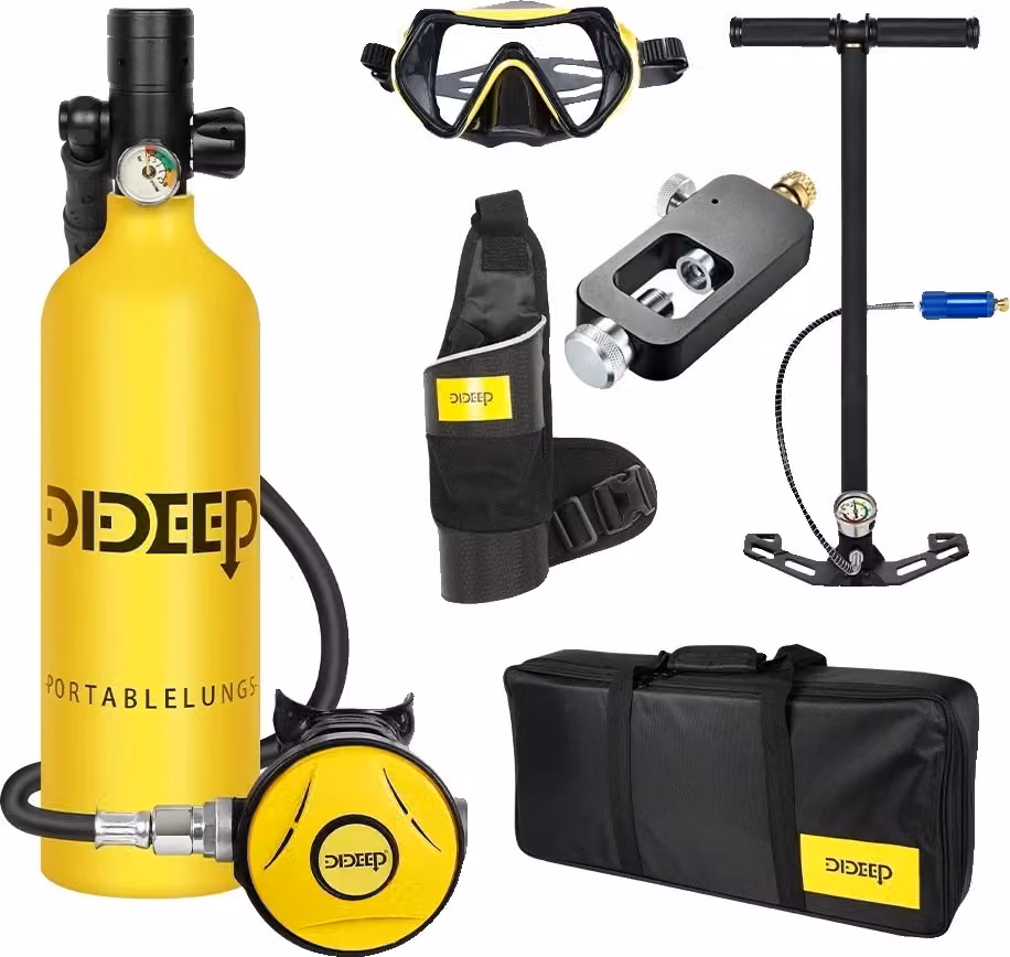 Mini bombola subacquea, capacità 1 litro, pompa manuale inclusa, giallo