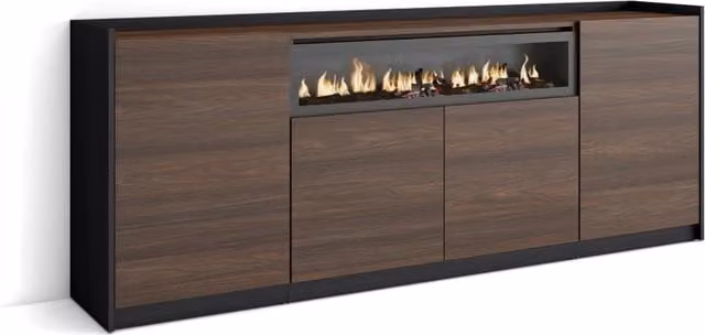 Credenza, Mobile, Cucina, 207x80x37 cm, 4 Porte, Camino elettrico, Rovere scuro e Nero