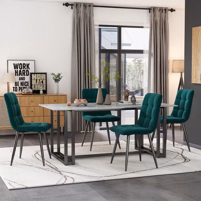 Set di 4 eleganti sedie da pranzo moderne, di colore verde scuro, con struttura in metallo