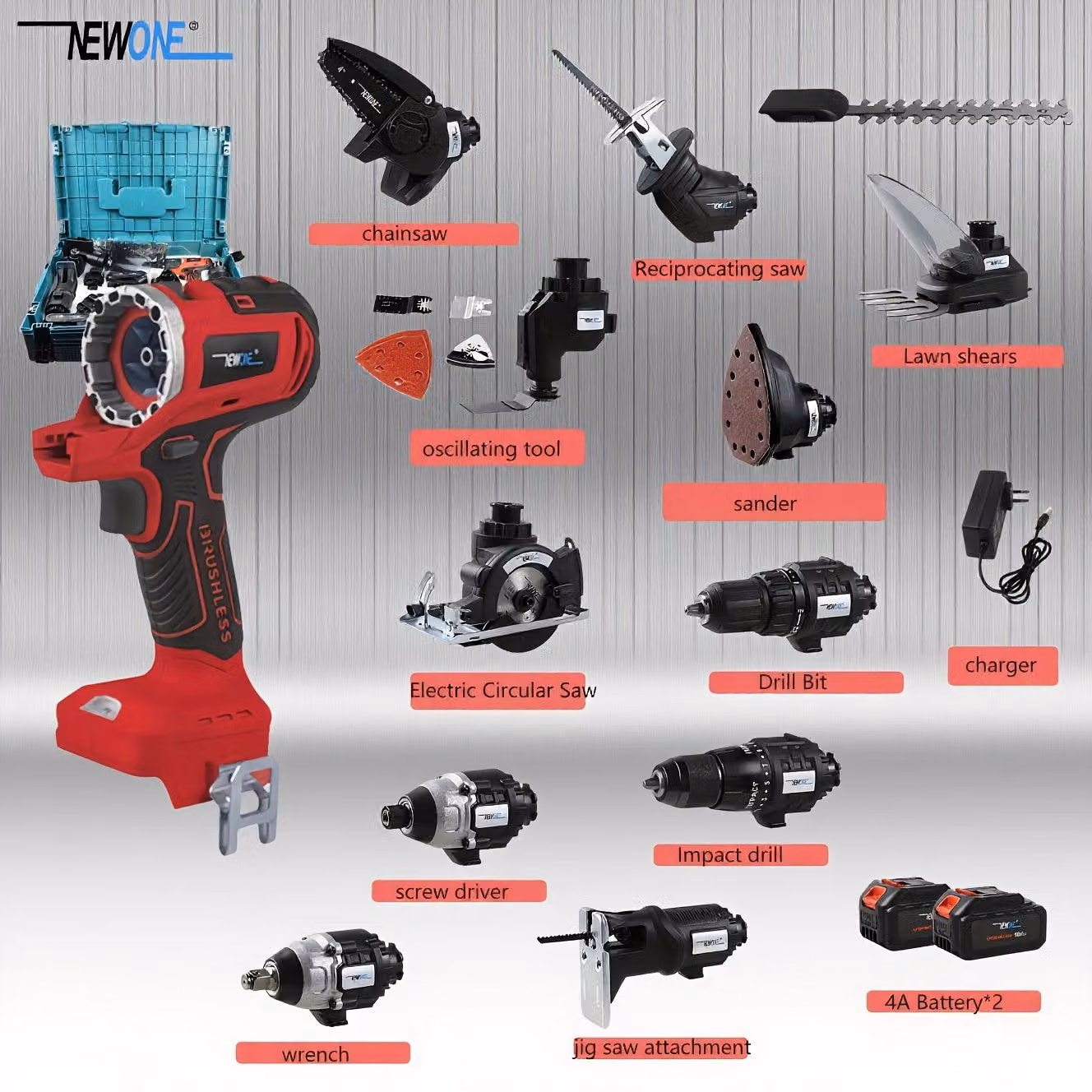 Set di utensili multifunzione da 18V: trapano, trapano a percussione, sega alternativa, avvitatore a impulsi
