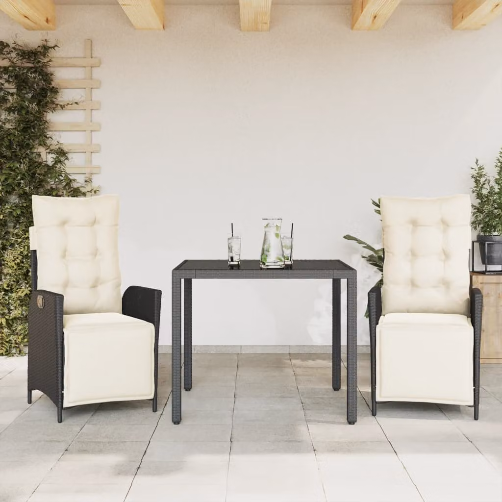 Set da Pranzo da Giardino 3 pz vidaXL in Polyrattan Nero con Cuscini e Tavolo in Vetro – 1