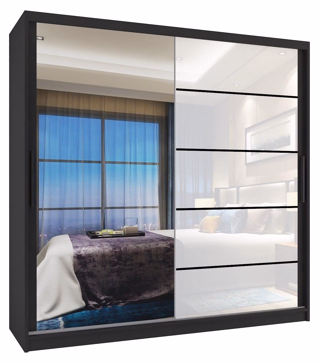 BELINI Verona, armadio scorrevole da 200 cm, nero/bianco lucido - armadio con specchio e 2 cassetti, ideale per la camera da letto