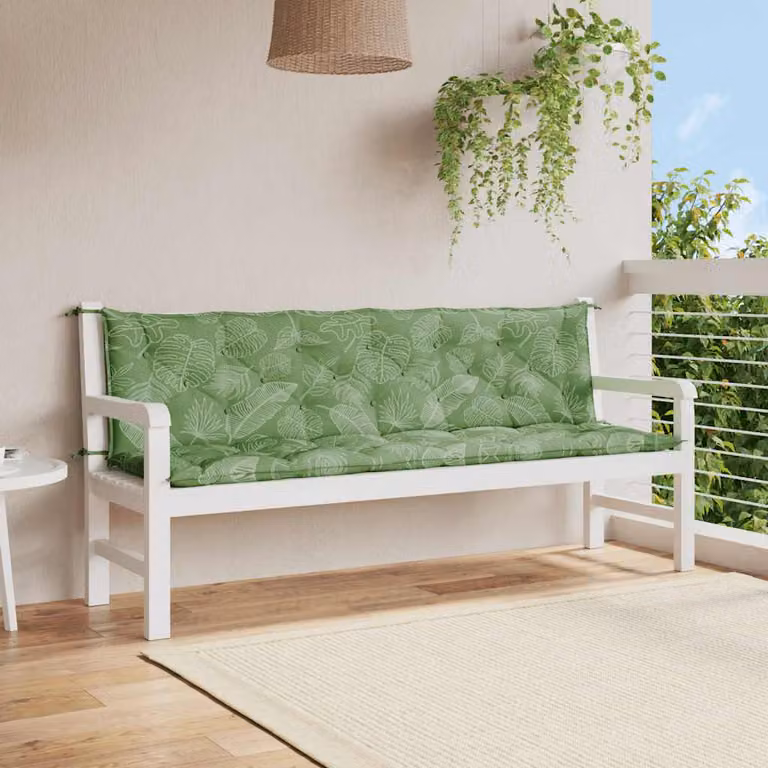 Set di 2 cuscini per panca da giardino vidaXL con motivo a foglie, colore verde, in tessuto resistente all'acqua e ai raggi UV, L 200 cm x P 50 cm x H 7 cm