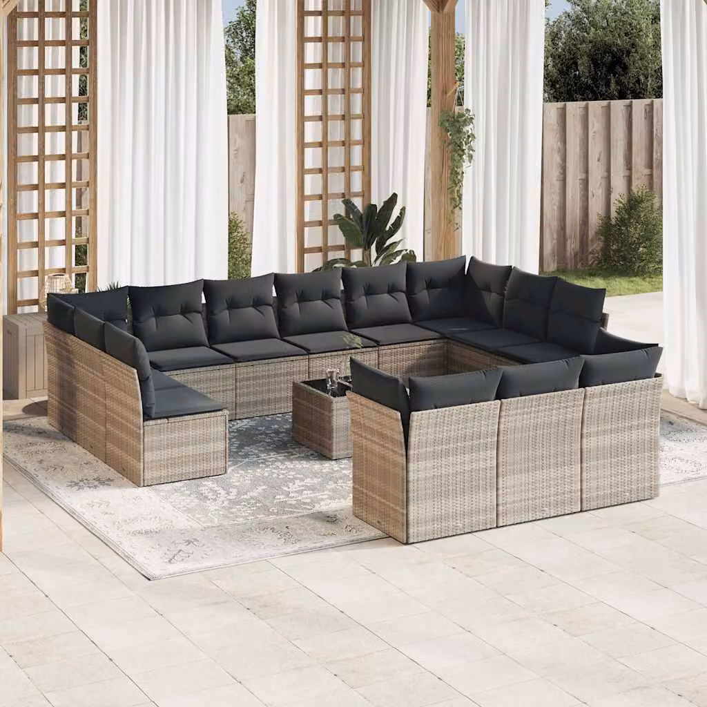 vidaXL Set Divani da Giardino a Forma di U con Cuscini Grigi e Tavolino da Esterno in Polyrattan e Metallo – 1