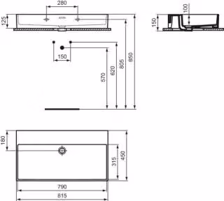 IDEAL STANDARD R054901 Lavabo extra 815 mm senza foro per rubinetto