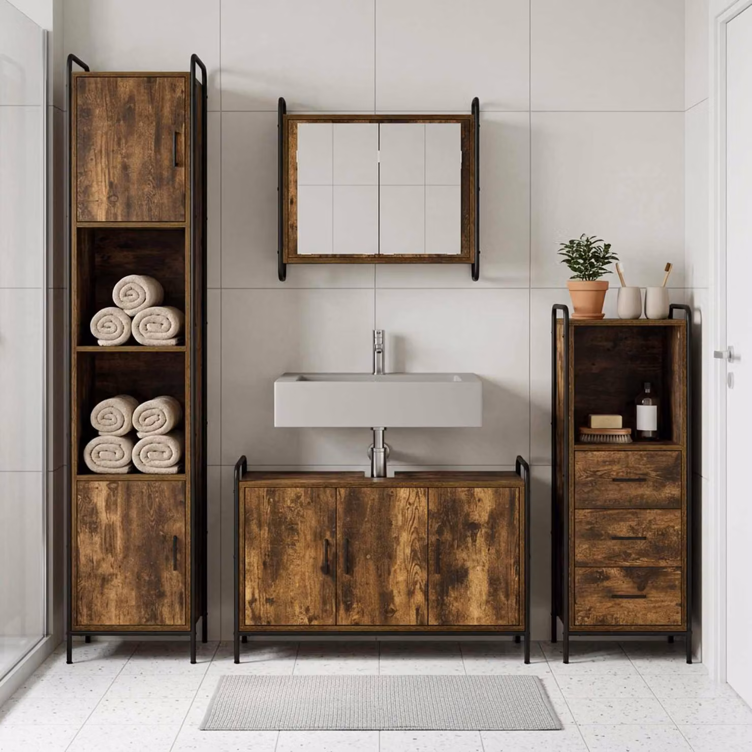 vidaXL Set di Armadi da Bagno 4 pz Rovere Fumo 40 x 36 x 181 cm