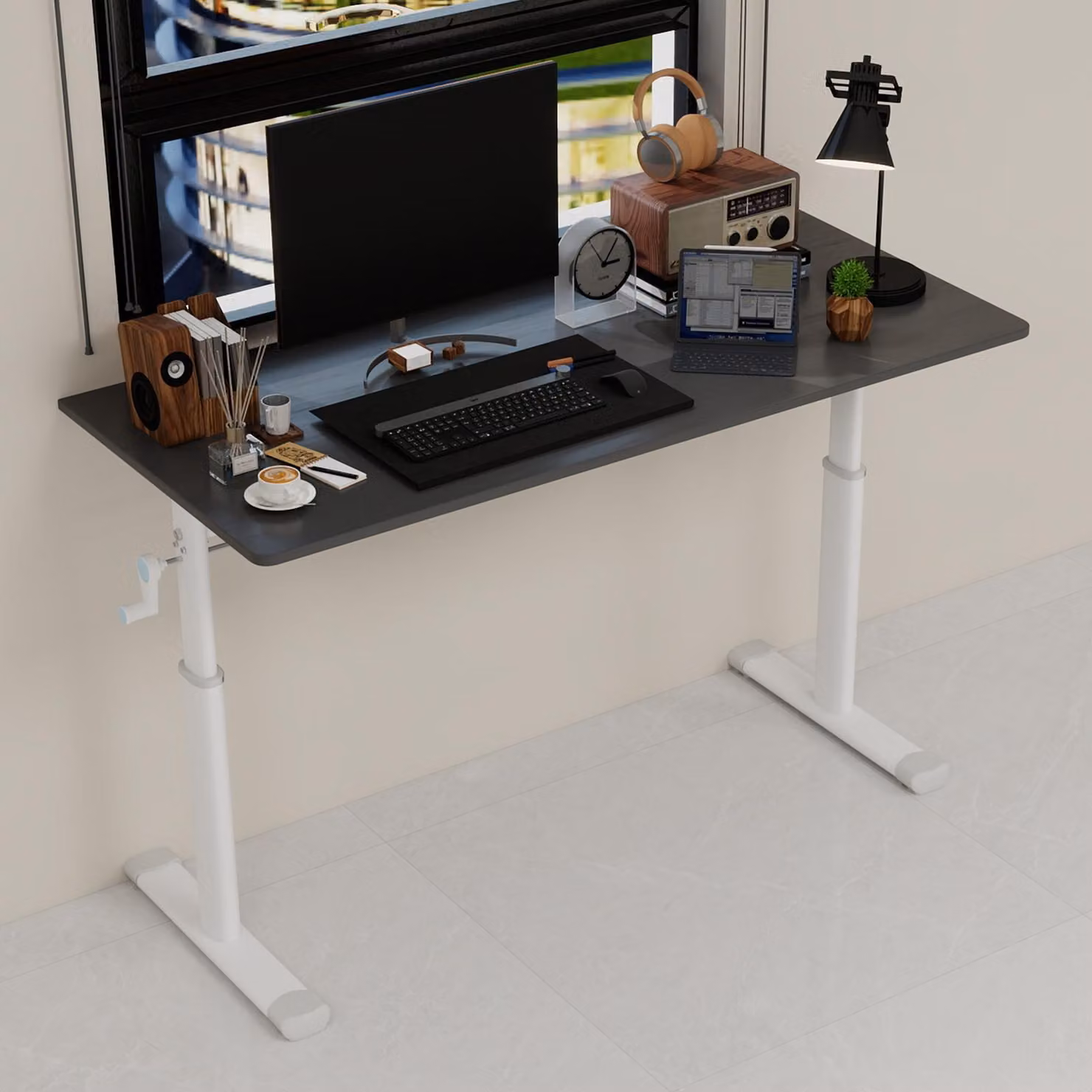 MODFU Scrivania da ufficio regolabile in altezza 60*120 con gambe larghe per bambini e adulti, Tavolino da divano con struttura a doppia colonna e gambe del tavolo bianche, Grigio