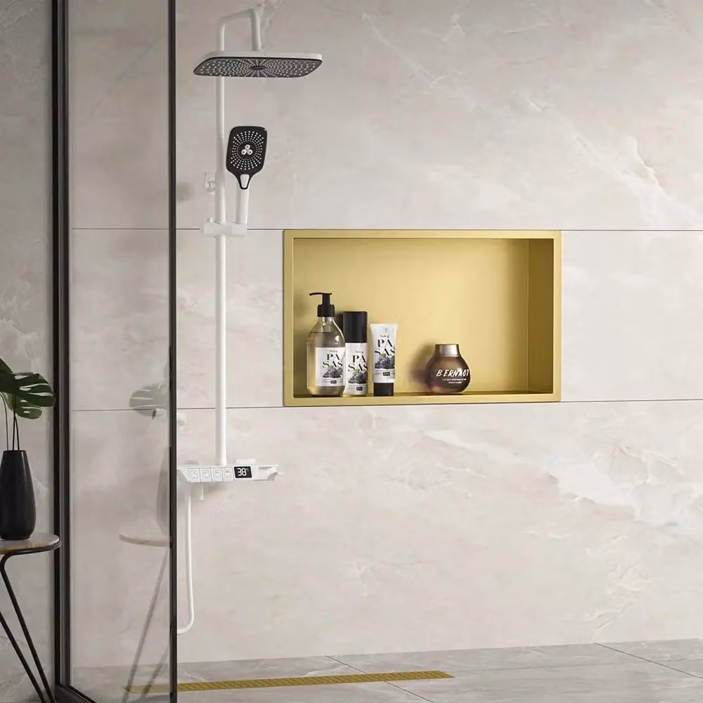 Mensola da bagno Rea in metallo color oro spazzolato opaco L: 45 cm, H: 30 cm – 2
