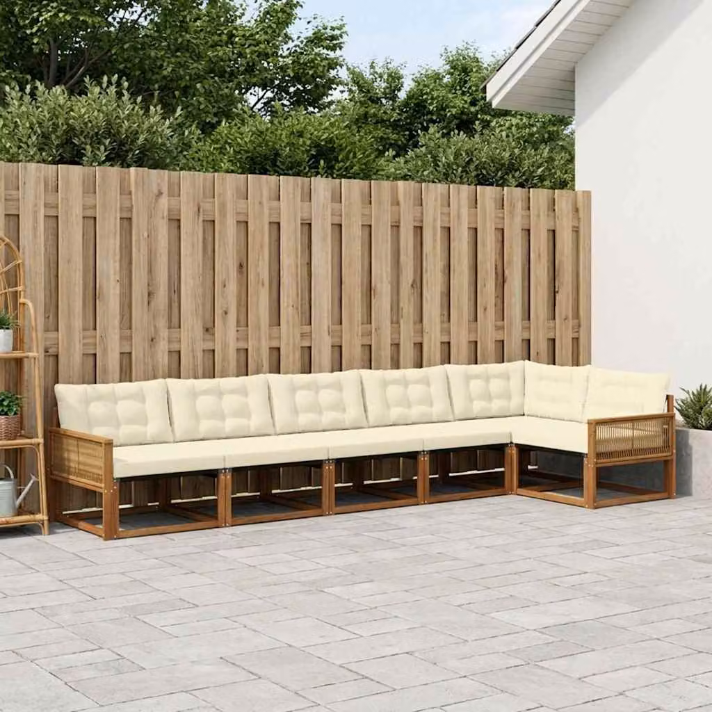 Set di divani da esterno vidaXL a forma di L composto da 6 pezzi in legno di acacia con cuscini in tessuto beige e marrone per giardino e terrazza