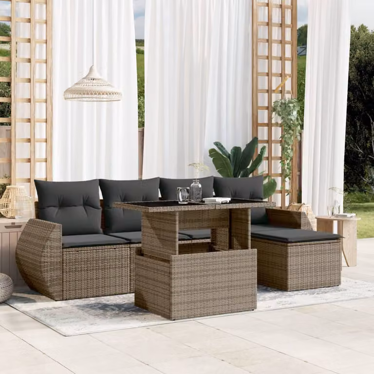 Set Divano da Giardino vidaXL 6 pz in Polyrattan Grigio con Cuscini e Tavolino