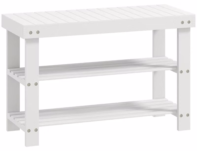 Mobiletto porta scarpe Moonbite da 70 cm in bambù, con 2 ripiani per 6 paia di scarpe, seduta resistente fino a 130 kg, 5 cm di spazio libero dal pavimento, bambù, bianco