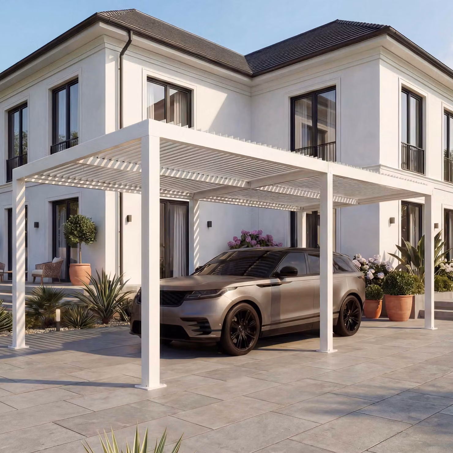 Carport HWC-L46, pensilina per garage, telaio in alluminio da 11 cm, grondaia antipioggia, 3x6 m ~ bianco