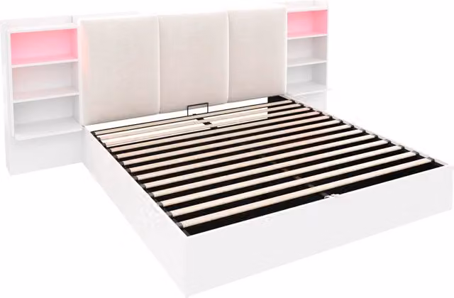 Letto contenitore 180x200 cm bianco con testiera imbottita; 6 vani e luci LED