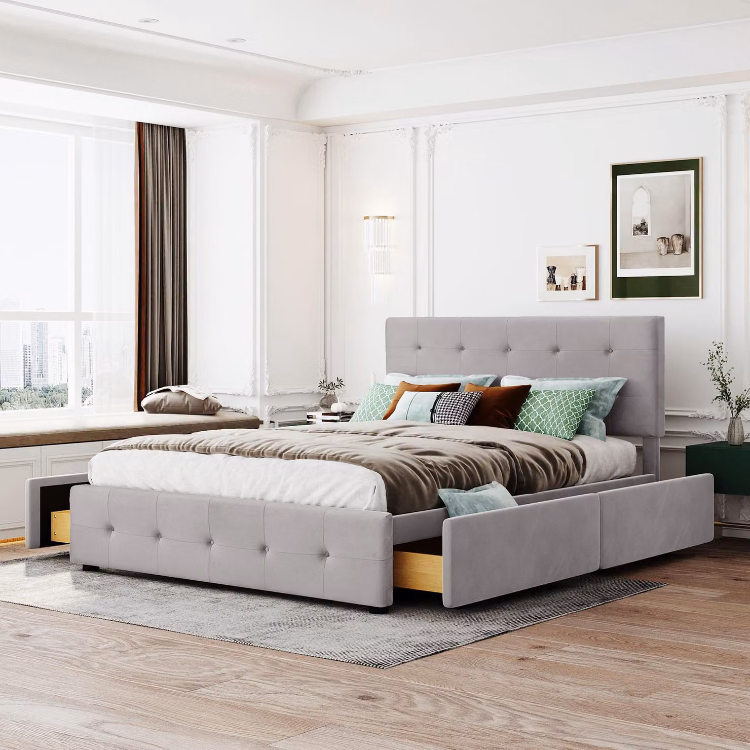 letto imbottito okwish 140 x 200 cm, letto matrimoniale con 4 cassetti, rete a doghe e schienale, letto matrimoniale skin-friendly in tessuto vellutato, grigio (senza materasso)