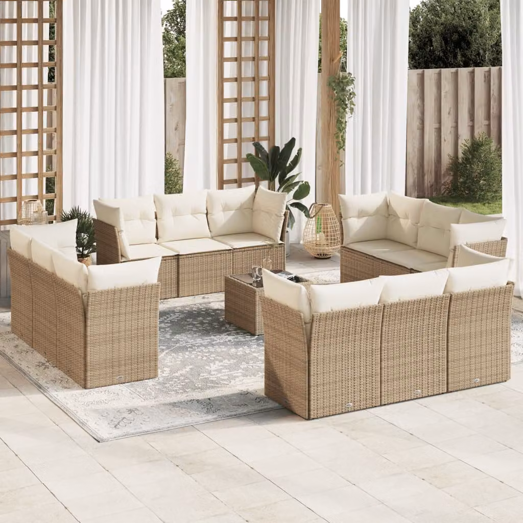 vidaXL Set Divano da Giardino a L composto da 13 pezzi con Cuscini Beige e Tavolino in Polyrattan e Metallo