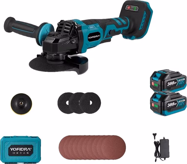 Smerigliatrice angolare, motore brushless, velocità regolabile, 2 batterie, EU