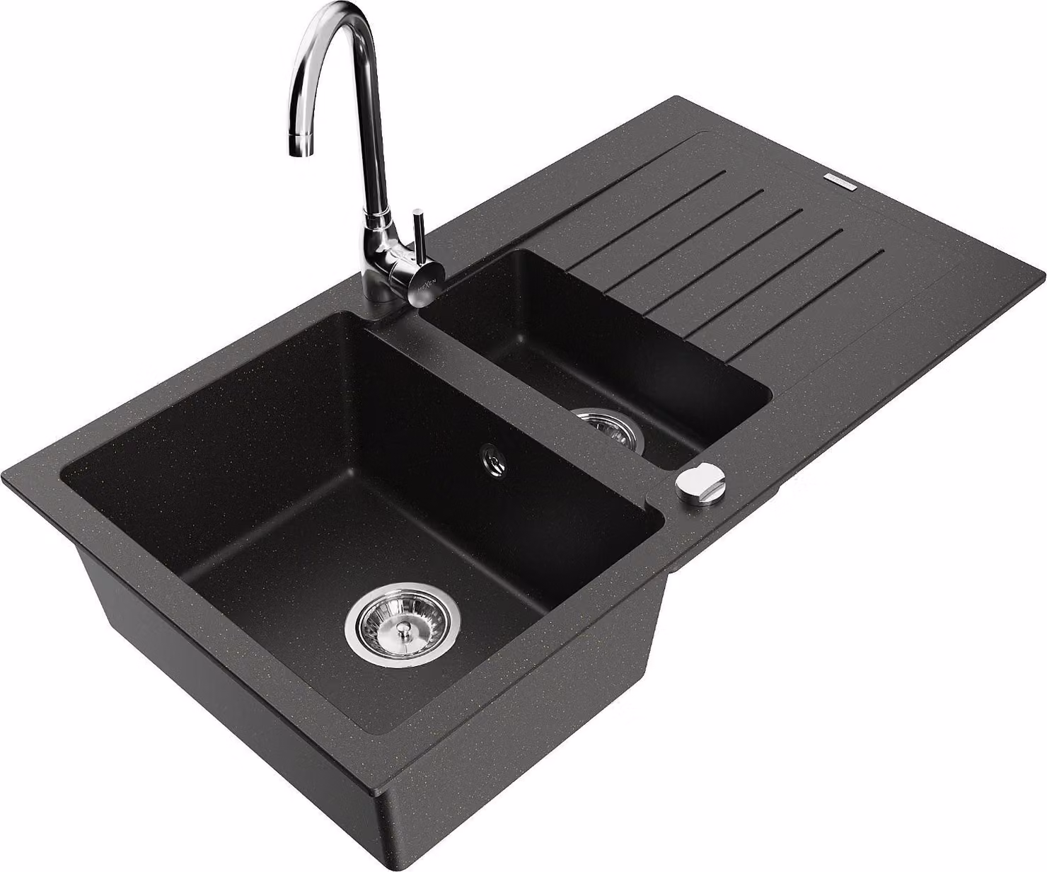 Mexen Matias lavello in granito 1,5 vasche con sgocciolatoio e rubinetto cucina Telma, nero/oro - 6502-75-670200-00