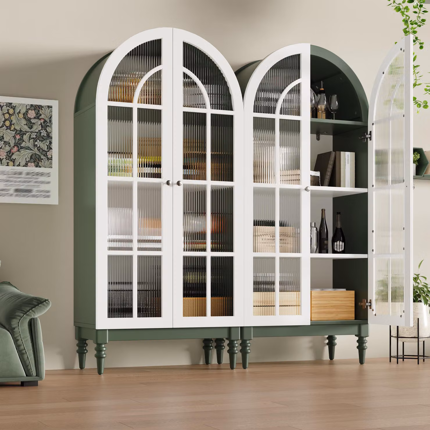 Flieks 2: Armadio alto con ante in vetro, 2 pensili da cucina con finitura effetto legno, 2 credenze da 76x38,5x165 cm, colore verde scuro