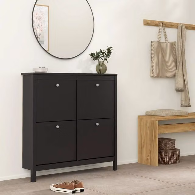 Scarpiera DMORA nera con ante a battente e finitura opaca, mobile porta scarpe moderno per ingresso, L: 102.9 cm, P: 24.6 cm, H: 102.9 cm