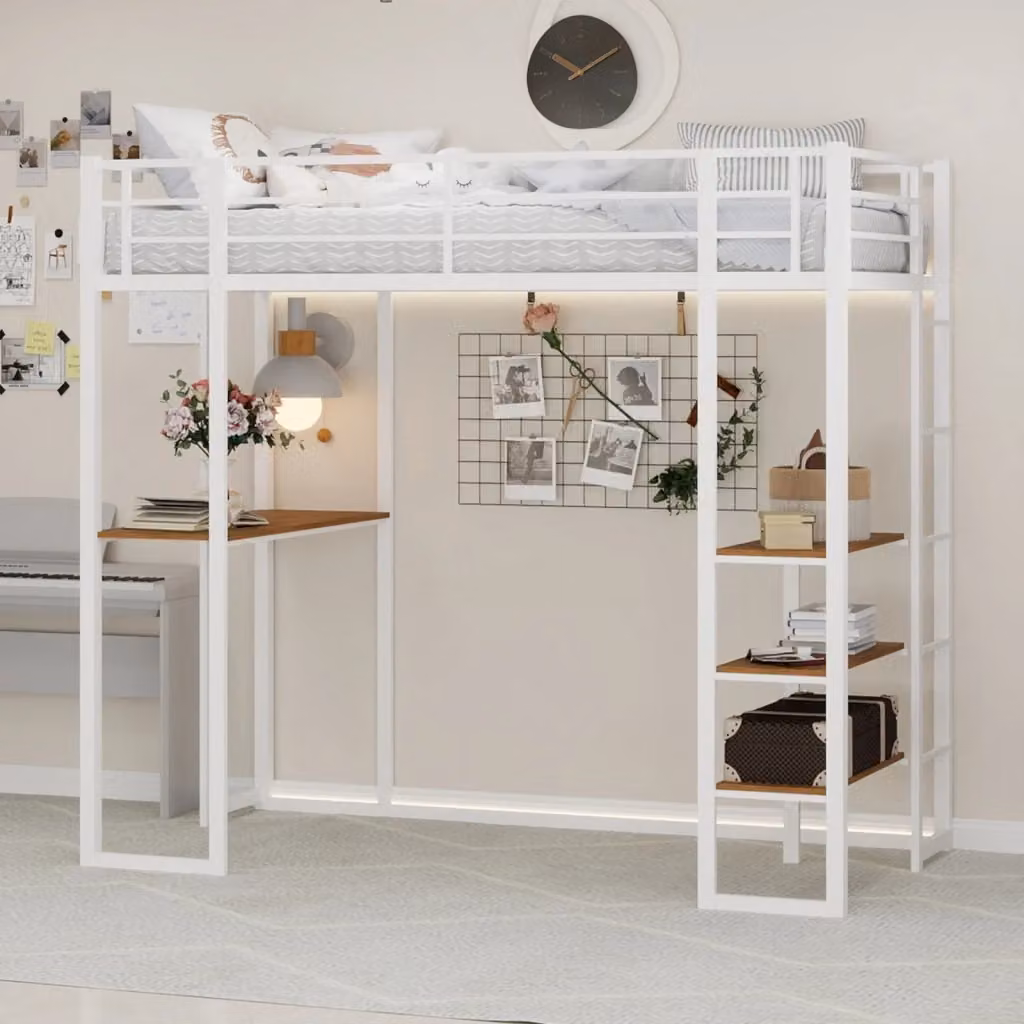 Letto a soppalco singolo REDOM in metallo bianco con scala laterale L 90 cm x P 190 cm – 2