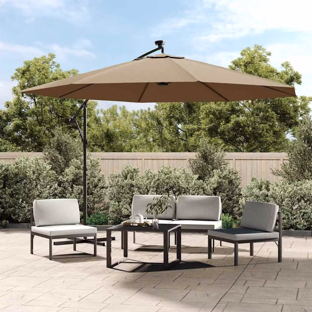 vidaXL Ombrellone a Sbalzo con LED e Palo in Metallo, Colore Beige o Grigio, Diametro 350 cm – 1