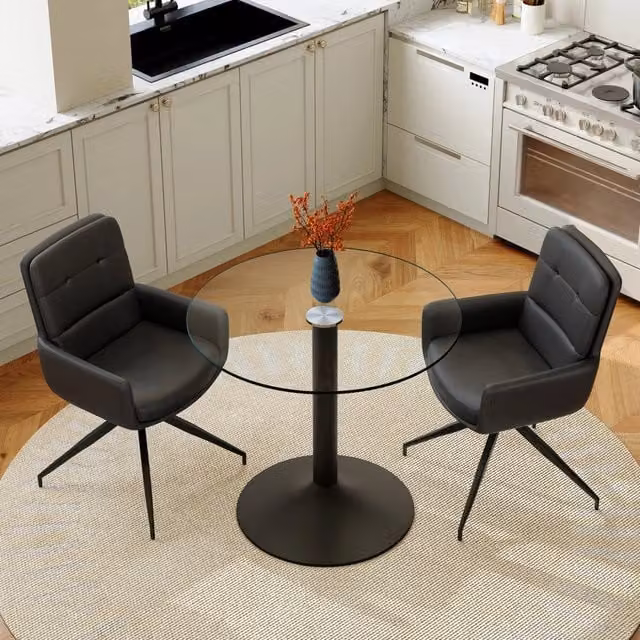 Set tavolo da pranzo rotondo in vetro temperato con base nera stile lusso, 2 sedie girevoli a 360° in PU nere