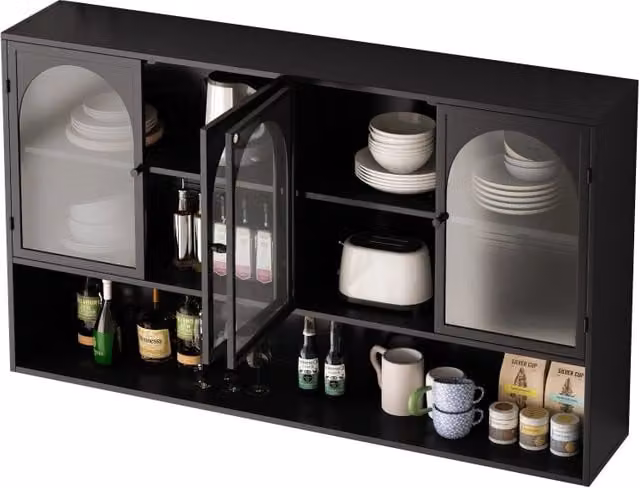 Vetrina a parete industrial con 4 ante in vetro e struttura in metallo per cucina e soggiorno, nero e grigio, L: 120 cm, P: 23 cm, H: 70 cm
