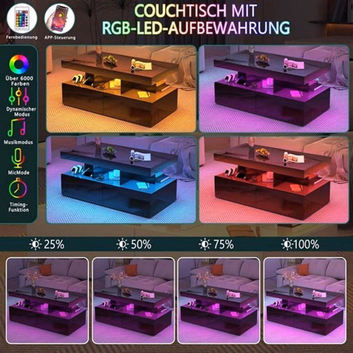 Tavolino moderno con illuminazione a LED, finitura nera lucida, 2 cassetti e vani portaoggetti per il soggiorno