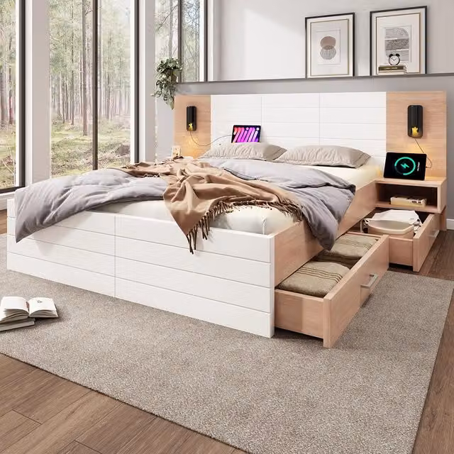 Letto con contenitore - Xylo - 160x200 cm - Bianco - 2 comodini 2 cassetti luce lettura USB
