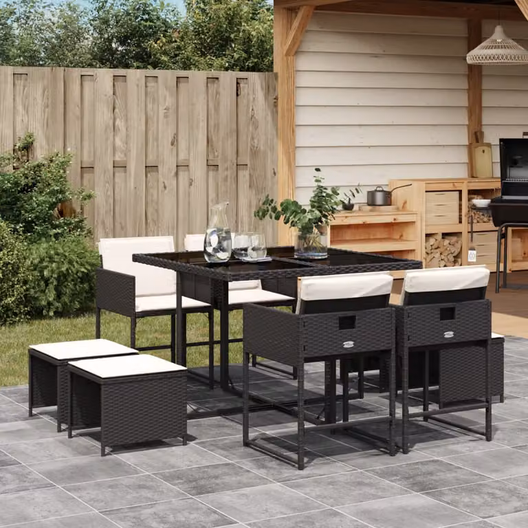 vidaXL Set da Pranzo da Giardino 9 pz in Polyrattan Nero con Cuscini e Tavolo in Vetro