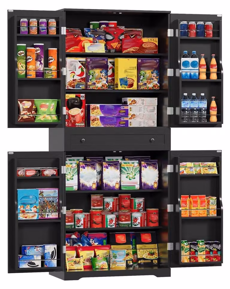 Mobiletto da cucina/credenza con 12 ripiani porta, ripiani regolabili, cassetti, realizzato in MDF/pannello truciolare, dimensioni 183 x 76 x 40 cm, colore nero