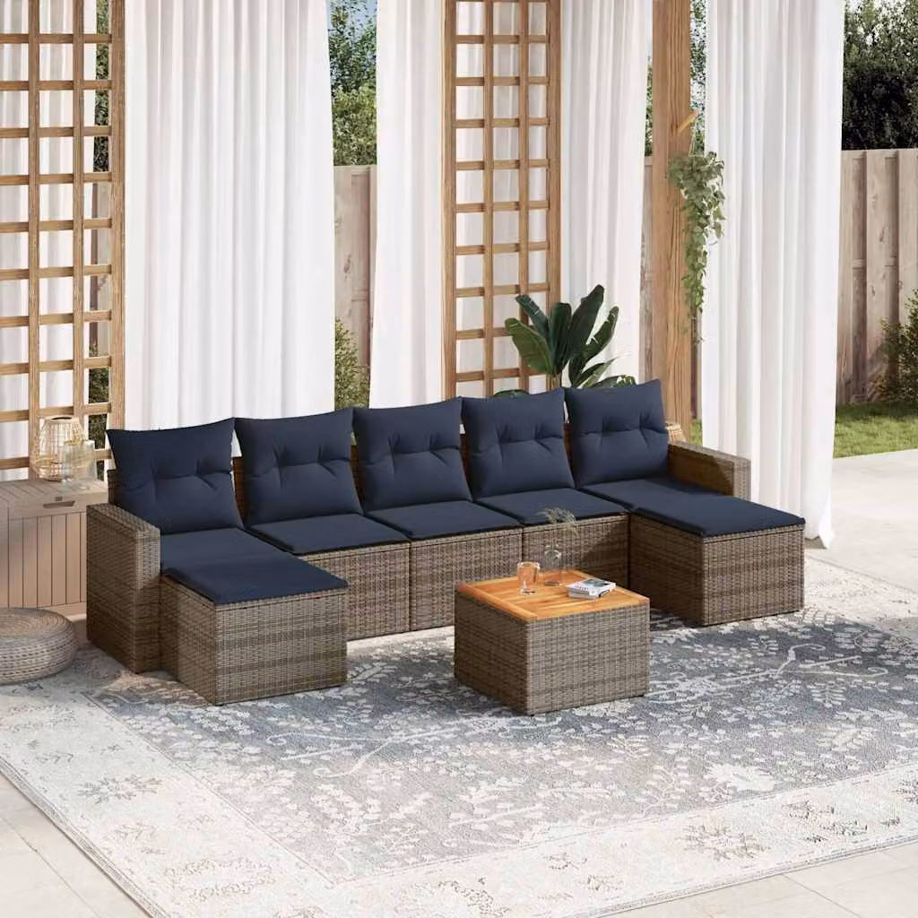 Set di divani da giardino vidaXL 8 pezzi in polyrattan e legno di acacia oliato con cuscini grigi e blu