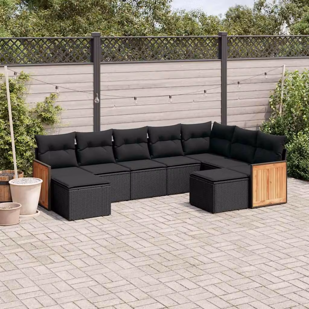 vidaXL Set Divani da Giardino a L in Polyrattan Nero con Cuscini Imbottiti e Coperture Rimovibili – 1