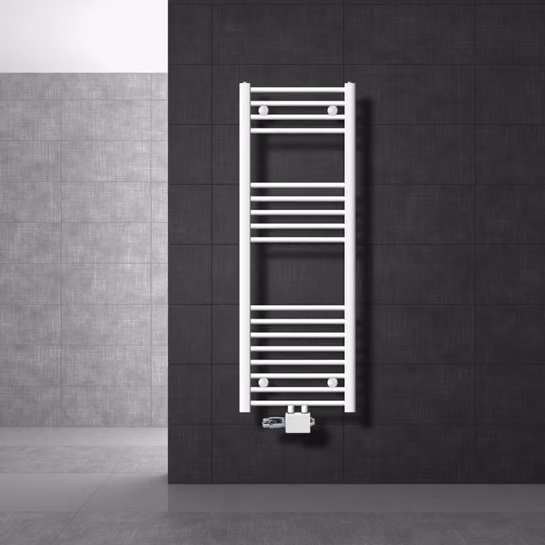 LuxeBath radiatore bagno attacco centrale 400 x 1200 mm bianco diritto con termostato e set di collegamento Angolo universale e diritto passante, senza elemento riscaldante