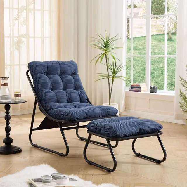 Poltrona Relax Reclinabile con Poggiapiedi MINIMAL in Tessuto Blu e Struttura Nera