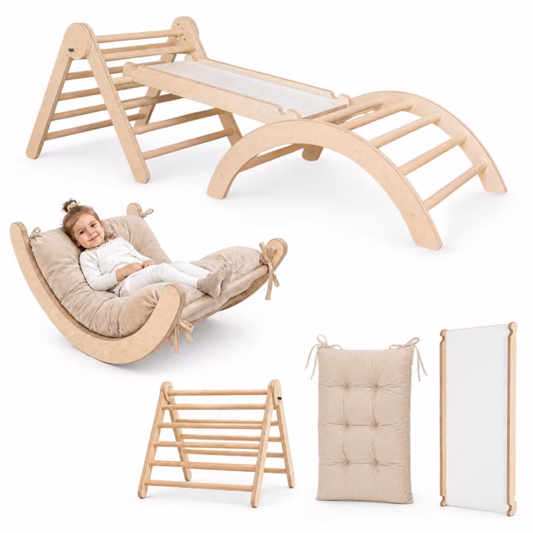 MAMOI® struttura per arrampicata triangolo interno 4 in 1 SET. Arco di arrampicata Montessori con tappetini, parco giochi indoor 1-3 anni e scivolo per bambini.