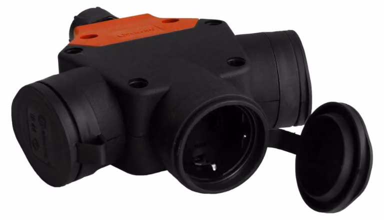 Prese a tre vie trifase, 3x16A, 230V, connettore Schuko, grado di protezione IP54, scatola di derivazione TpE 7648