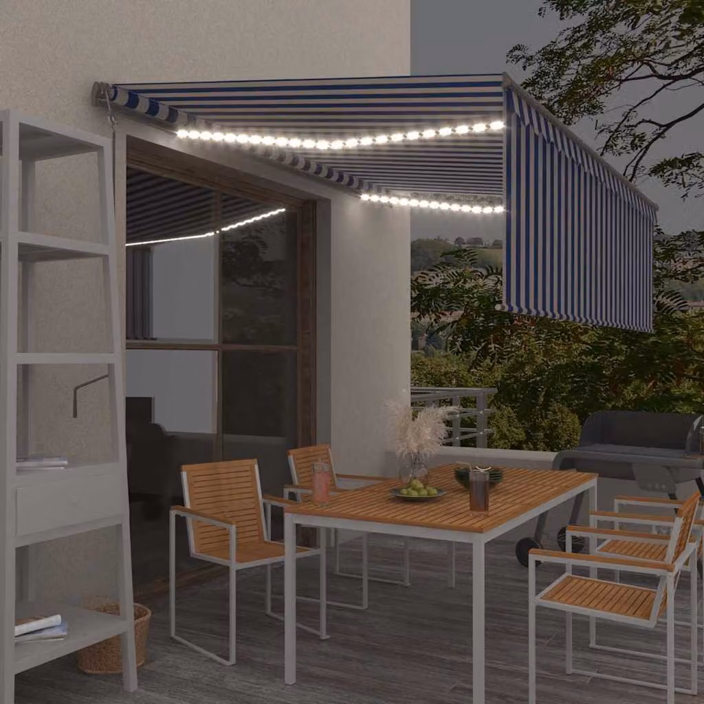 vidaXL Tenda Automatica Parasole con LED, Sensore Vento e Telecomando, Blu e Bianco, L: 4,5 m x P: 3 m