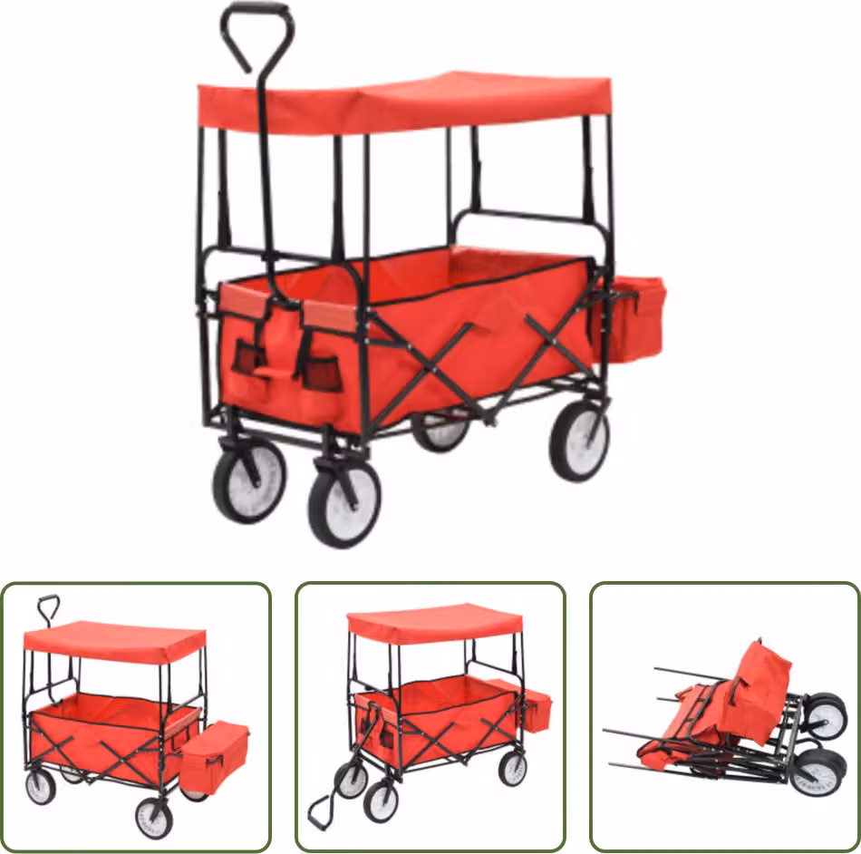 The Living Store Carrello manuale pieghevole con tettuccio parasole in acciaio rosso