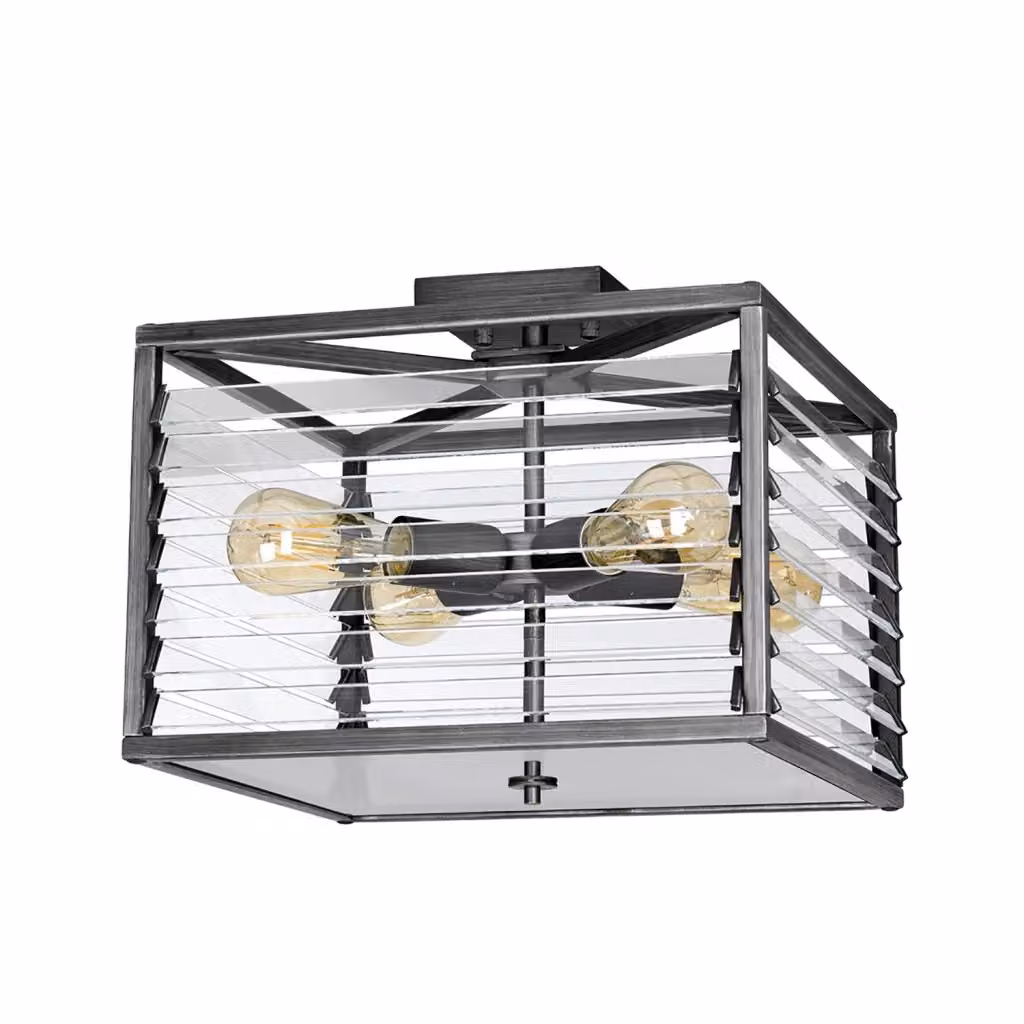 Plafoniera Industrial Nordica Louvre Elstead Lighting in Acciaio Canna di Fucile e Vetro Trasparente con 4 Luci E27 – 2