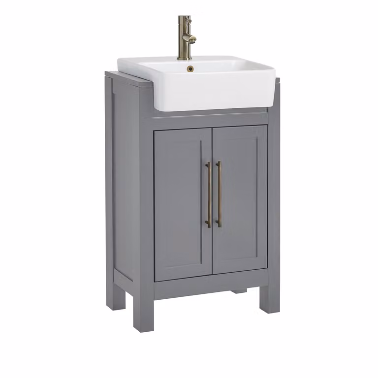 Mobile Bagno Grigio Chiaro da 550mm con Lavabo e Maniglia Classica con Barra a T in Ottone Spazzolato - Warwick